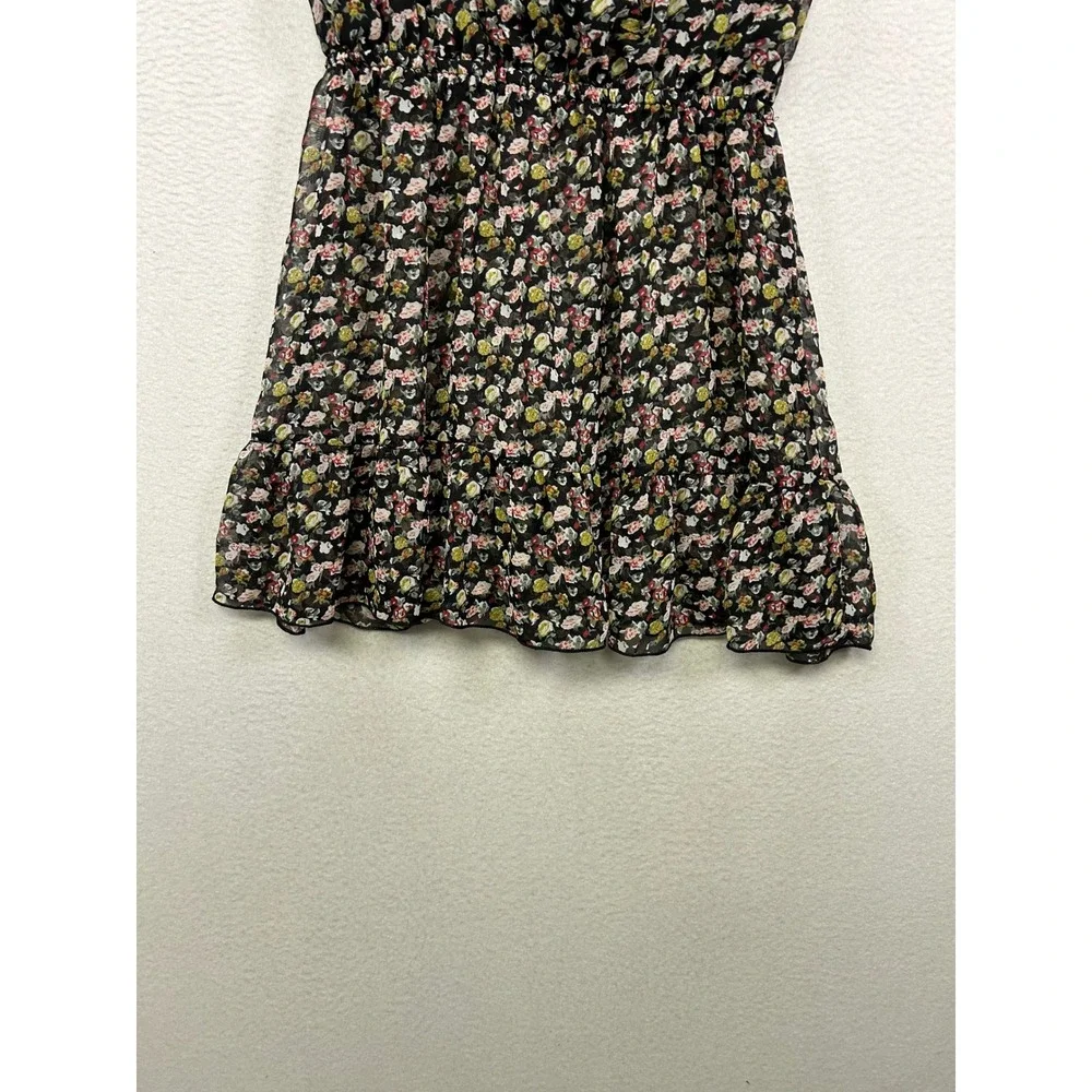 Cottagecore Lily White Womens Medium Black Floral Ruffle Chiffon‎ Mini Dress